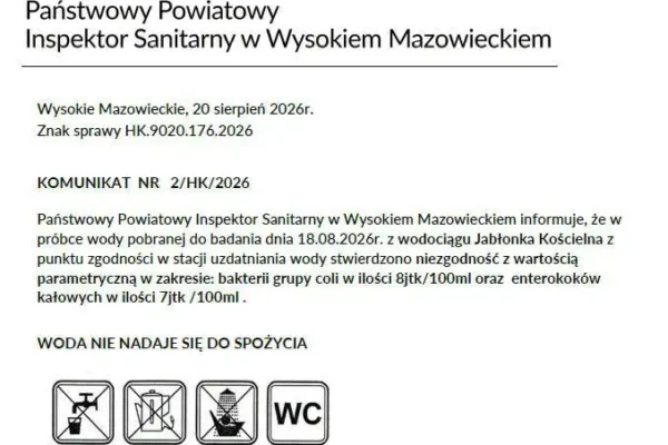 Woda z wodociągu Jabłonka Kościelna niezdatna do spożycia – komunikat sanepidu