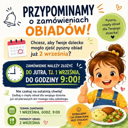 Przypominamy o zamówieniach obiadów szkolnych – termin do 1 września