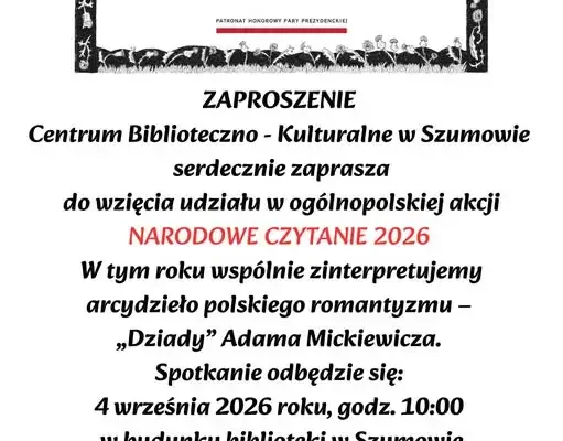 Narodowe Czytanie 2026 w Szumowie – zaproszenie na wspólne czytanie