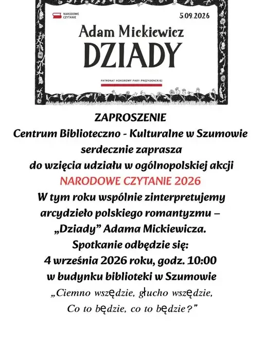 Narodowe Czytanie 2026 w Szumowie – zaproszenie na wspólne czytanie