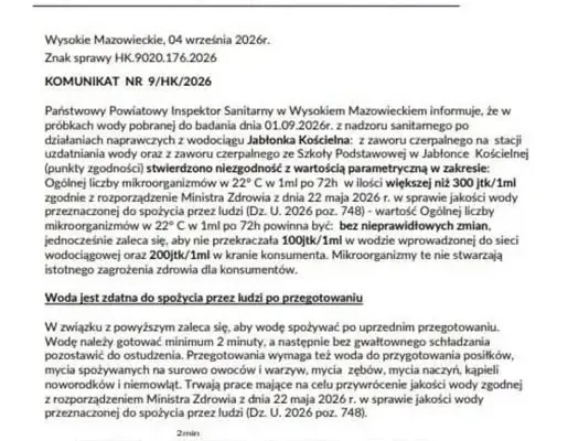 Woda w Jabłonce Kościelnej warunkowo zdatna do spożycia – wymaga przegotowania