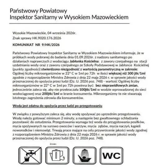 Woda w Jabłonce Kościelnej warunkowo zdatna do spożycia – wymaga przegotowania
