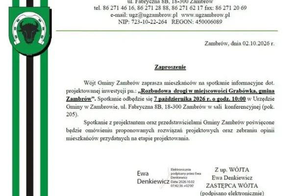 Gmina Zambrów zaprasza na spotkanie w sprawie rozbudowy drogi w Grabówce