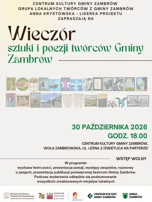 Wieczór sztuki i poezji twórców Gminy Zambrów – 30 października w Woli Zambrowskiej